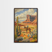 Load image into Gallery viewer, Desert Cowboy Riding Through Cactus - Framed Canvas Print, Western Landscape Art, Southwestern Wall Art for Home Decoration