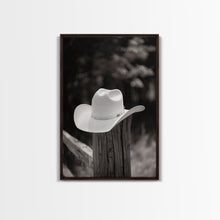 Load image into Gallery viewer, Cowboy Hat on a Wooden Fence Post in Rustic Black and White Photography for Western Home Decor, Canvas Prints, Wall Art for Living Room