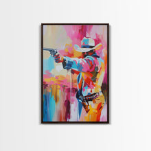 Load image into Gallery viewer, Dynamic Cowboy with Gun - Framed Canvas Print, Action-Packed Western Art, Bold Cowboy Wall Art for Living Room Decor