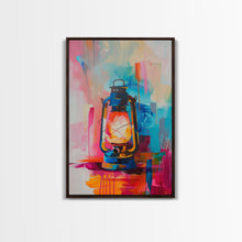 Cargar imagen en el visor de la galería, Brightly Painted Oil Lamp - Framed Canvas Print, Vibrant Western Art, Rustic Lamp Wall Art for Living Room Decor