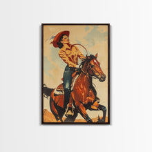 Load image into Gallery viewer, Dynamic Cowgirl on Horseback in Action | Framed Canvas Print | Western Wall Art | Living Room Decor | Rustic Home Decor