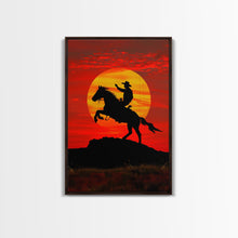 Load image into Gallery viewer, Dynamic Cowboy Horse Ride Silhouette at Sunset | Framed Canvas Print | Western Wall Art | Sunset Horseback Wall Art for Home Decor