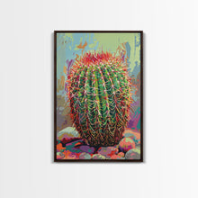Load image into Gallery viewer, Bold Barrel Cactus Art with Red Spines - Framed Canvas Print, Vibrant Desert Decor, Living Room Art, Cactus Wall Art for Home