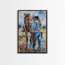 Load image into Gallery viewer, Cowboy on Rearing Horse Silhouette - Framed Canvas Print, Western Wall Art, Rustic Decor, Living Room and Bedroom Art Print