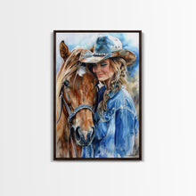 Load image into Gallery viewer, Cowgirl with Horse in Denim Outfit - Framed Canvas Print, Western Wall Art, Rustic Decor, Living Room and Bedroom Art Print