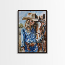 Load image into Gallery viewer, Cowgirl Preparing Horse for Ride - Framed Canvas Print, Western Wall Art, Rustic Decor, Living Room and Bedroom Art Print