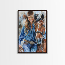 Load image into Gallery viewer, Cowgirl Embracing Horse with Hat - Framed Canvas Print, Western Wall Art, Rustic Decor, Living Room and Bedroom Art Print