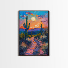 Carregar imagem no visualizador da galeria, Framed Canvas Print, Colorful Desert Sunset with Cacti Wall Art, Southwest Landscape for Living Room or Bedroom, Vibrant Wall Art Piece