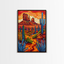 Carregar imagem no visualizador da galeria, Framed Canvas Print, Vibrant Desert Scene with Cacti and Mesas, Perfect Southwest Wall Art for Living Room or Bedroom Decor