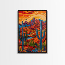 Carregar imagem no visualizador da galeria, Framed Canvas Print, Bright Desert Landscape with Cacti and Mountains, Perfect Wall Art for Living Room or Bedroom