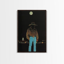 Load image into Gallery viewer, Cowboy Under the Moon Print - Framed Canvas Wall Art, Rustic Western Decor, Nighttime Cowboy Artwork for Living Room, Western Night Sky