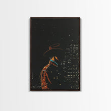 Load image into Gallery viewer, Cowboy in the City Night Print - Framed Canvas Wall Art, Urban Western Decor, City Cowboy Artwork for Living Room, Modern Western Art