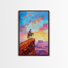 Load image into Gallery viewer, Cowboy on Horseback Overlooking Canyon - Vibrant Western Landscape Art, Sunset Painting, Living Room Decor, Cowboy Canvas Print