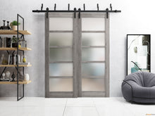 Load image into Gallery viewer, Quadro 4002 Nebraska Grey Double Barn Door with Frosted Glass and Black Bypass Rail