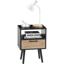 Carregar imagem no visualizador da galeria, 15.75" Rattan End table with Power Outlet & USB Ports, Modern nightstand with drawer and solid wood legs, side table for living roon, bedroom, black