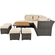Carregar imagem no visualizador da galeria, Patio Furniture Set, 9 Piece Outdoor Conversation Set, CoffeeTable with Ottomans, Solid wood coffee table