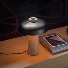Carregar imagem no visualizador da galeria, Nogy Mushroom Table Lamp – Textured Travertine Base & Matte Black Dome