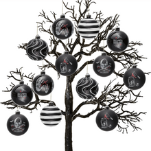 Load image into Gallery viewer, Black Gothic 16-Piece Baubles with Skulls, Skeleton Hands, Horror Prints & Striped Designs