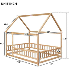 Carregar imagem no visualizador da galeria, Full Size Floor Wooden Bed with House Roof Frame, Fence Guardrails, Natural