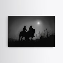 Load image into Gallery viewer, Cowboys Under A Full Moon, Framed Canvas Print, Black and White Western Photography, Wild West Art, Western Decor, Farmhouse Country Art
