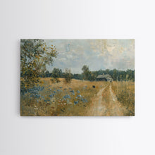 Load image into Gallery viewer, Blue Bonnets and Country Roads, Texas Art, Framed Canvas Print, Wood Frame Art, Metal Art, Metal Wall Art, Primitive Home Decor