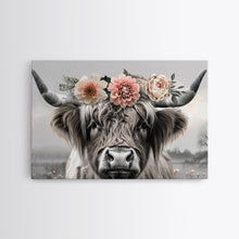 Load image into Gallery viewer, Cute Framed Canvas Wall Art, Cute Cow Wearing Flowers, Farmhouse Decor, Farmhouse Wall At, Extra Large Boho Decor, Minimalist Modern Art