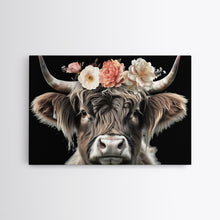 Carregar imagem no visualizador da galeria, Framed Highland Cow With Flowers Painting canvas print Farmhouse art Cattle Wooden background Country wall art Cow print Rustic Wall Art