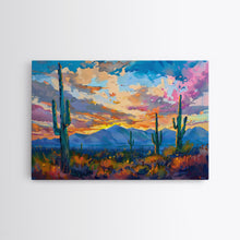 Carregar imagem no visualizador da galeria, Cactus Under A Beautiful Sunset, Pop Art Style, Mid Century Modern Framed Canvas Print or Metal Art, Desert Scene Wall Art, Abstract Desert