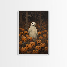 Carregar imagem no visualizador da galeria, Fall Omens - Spooky Ghost In A Pumpkin Patch, Halloween Decor, Fall Art, Framed Canvas Print, Spooky Halloween Decor