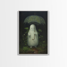 Load image into Gallery viewer, Ghost Holding an Umbrella In The Rain, Vintage Halloween Canvas Print, Framed Canvas, Halloween Wall Art, Dark Academia, Spooky Haunted