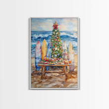 Cargar imagen en el visor de la galería, Christmas tree with surfboards on the beach, Framed Canvas Print tropical holiday wall art perfect beach Christmas decor holiday gift idea