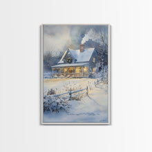 Cargar imagen en el visor de la galería, Christmas Cottage Wall Art, Framed Canvas Print, Winter Wonderland Landscape Print