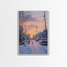 Load image into Gallery viewer, Cozy Neighborhood Christmas Evening with Snowmen and Festive Lights, Perfect for Framed Canvas Print and Holiday Wall Art