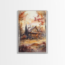 Load image into Gallery viewer, Beautiful Woods Cabin Framed Canvas Print, Extra Large Fall Decor, Mid Century Modern Autumn Wall Art, Modern Christmas