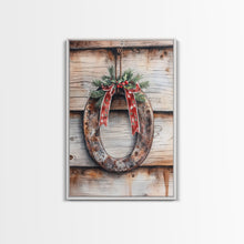 Load image into Gallery viewer, Christmas Horseshoe Framed Canvas Print, Horse Shoe With Mistletoe, Wood Framed Christmas Art, Western Decor, Boho Christmas, Minimalist