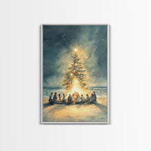 Cargar imagen en el visor de la galería, Christmas Beach Bonfire Framed Canvas Print, Christmas Painting Wall Art, Christmas Handmade Art, Best Gift Christmas Decor