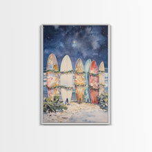 Cargar imagen en el visor de la galería, Christmas Surfboards On A Snowy Beach, Framed Canvas Print, Tropical / Nautical Christmas Art or Gift Idea, Christmas Poster