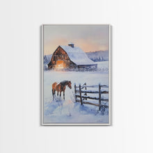 Load image into Gallery viewer, Christmas On The Farm, Winter Wall Art Framed Canvas Print, Gift Idea, Seasonal Decor, Barn Painting, Farmhouse Art