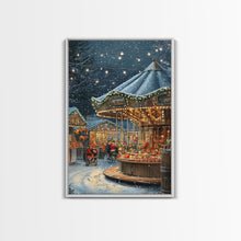 Load image into Gallery viewer, Christmas Carousel at a Snowy Night Market with Festive Lights and Ornaments, Framed Canvas Print for Christmas Wall Decor