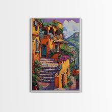 Carregar imagem no visualizador da galeria, Framed Canvas Print Tall Art Mexican Style Scenic Steps Lined With Colorful Flowers And Architecture