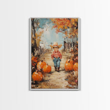 Carregar imagem no visualizador da galeria, Autumn Cowboy Decor Canvas Print with Pumpkins, Fall Holiday Wall Art and Seasonal Gift Idea 2024