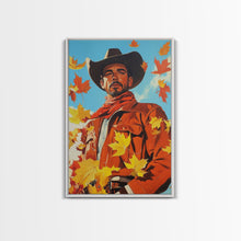 Load image into Gallery viewer, Autumn Cowboy Holiday Decor Framed Canvas Print with Leaves, Colorful Seasonal Wall Art Gift Idea 2024