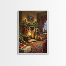 Load image into Gallery viewer, Cozy Christmas Mantle Decor Framed Canvas Print With Stockings Hanging And Presents By The Fire, Seasonal Holiday Wall Art Farmhouse Style