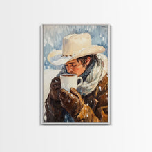 Load image into Gallery viewer, Cowboy Drinking Hot Cocoa Framed Canvas Print - Cozy Winter Wall Art 2024 Rustic Christmas Decor and Gift Idea