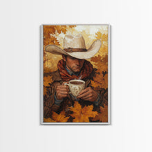 Load image into Gallery viewer, Cowboy Holding Hot Drink Framed Canvas Print - Moody Winter Landscape Art Perfect 2024 Christmas Wall Decor