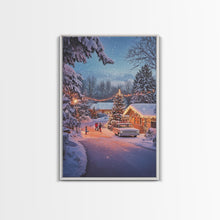 Cargar imagen en el visor de la galería, Classic Winter Christmas Neighborhood Framed Canvas Print Tall Art With Lights And Christmas Tree, Holiday Wall Art Home Decor