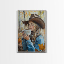 Carregar imagem no visualizador da galeria, Fall-themed farmhouse framed canvas print a woman with coffee amidst autumn leaves ideal harvest home decor or seasonal wall art gift idea