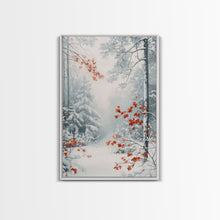 Carregar imagem no visualizador da galeria, Canvas Print of Winter Wonderland with Red Leaves in Snow, Winter Wall Art, Best Gift Idea, Moody Landscape, Christmas Home Decor