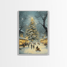 Cargar imagen en el visor de la galería, Christmas Tree Village Snowy Winter Scene Framed Canvas Print Christmas Wall Art Christmas Decor Christmas Tree Art Holiday Gift Winter Art