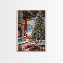 Load image into Gallery viewer, Cozy Cabin Fireplace With Christmas Tree Framed Canvas Print Christmas Wall Art Farmhouse Christmas Decor Holiday Gift Christmas Tree Art